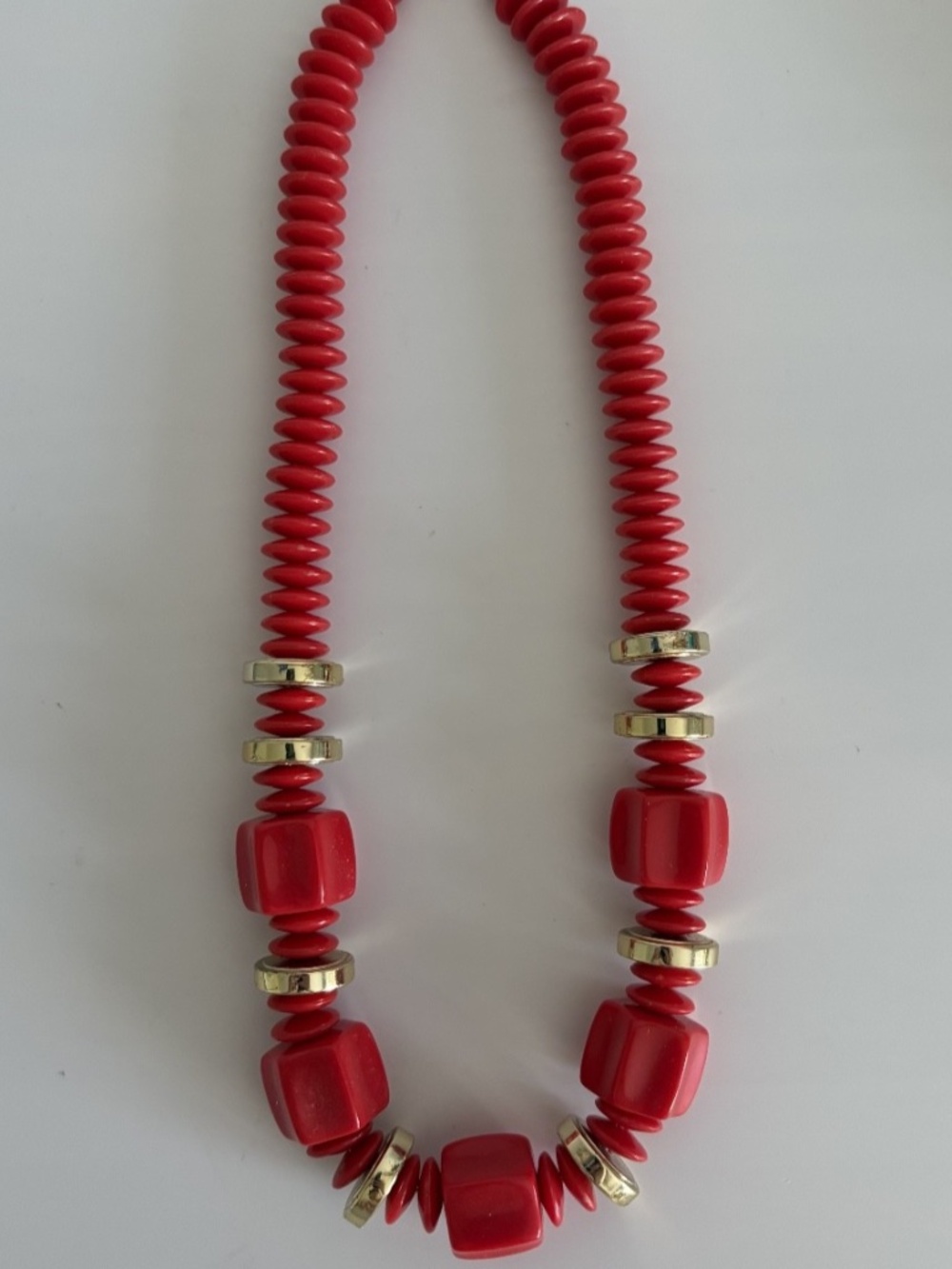 Vintage Retro Fashion Costume Necklace Red Gold Tone Chunky Geometric Beads 8"